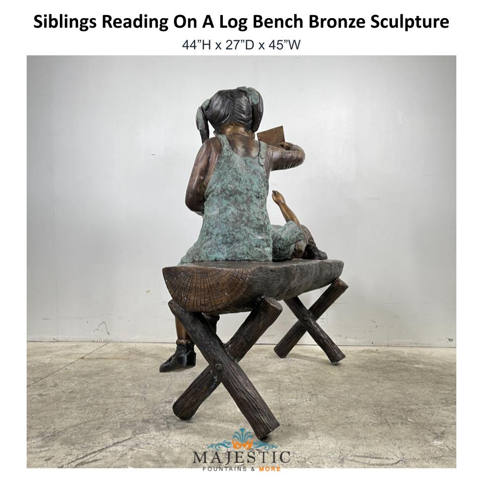 Siblings Reading On A Log Bench Bronze Sculpture