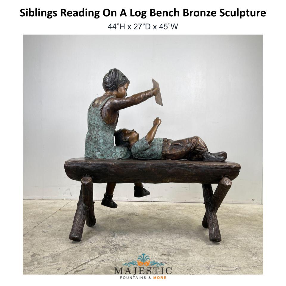 Siblings Reading On A Log Bench Bronze Sculpture