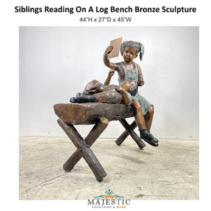 Siblings Reading On A Log Bench Bronze Sculpture