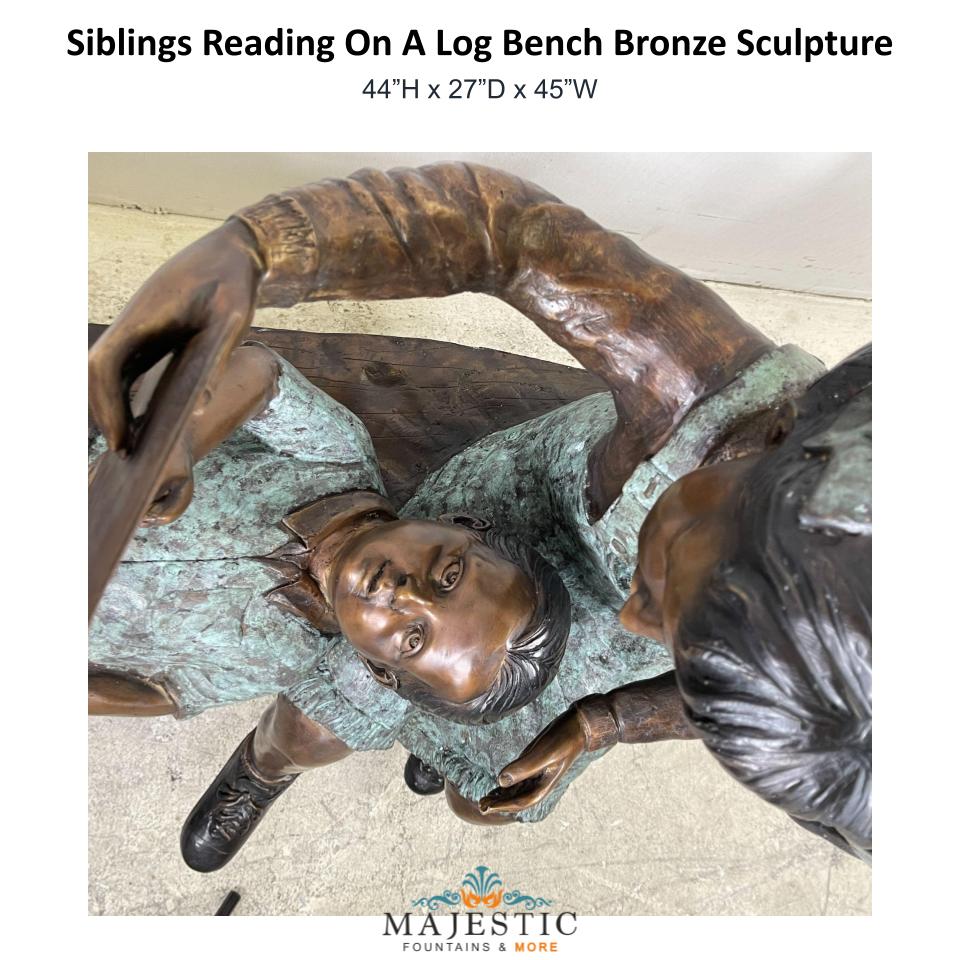 Siblings Reading On A Log Bench Bronze Sculpture