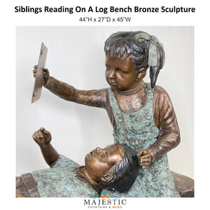 Siblings Reading On A Log Bench Bronze Sculpture