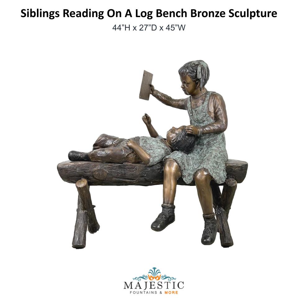 Siblings Reading On A Log Bench Bronze Sculpture