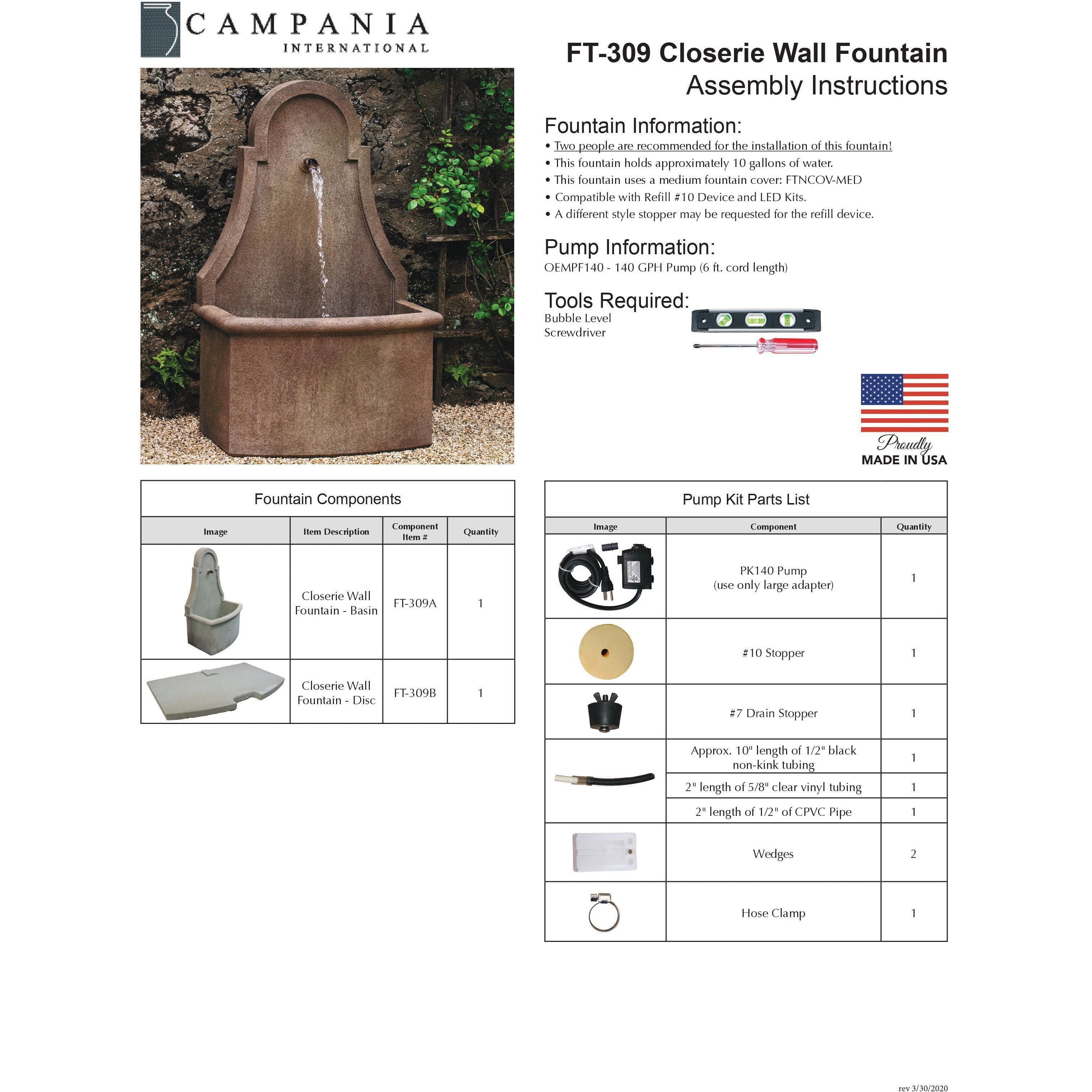 Closerie Wall Fountain in Cast Stone by Campania International FT-309 - Majestic Fountains