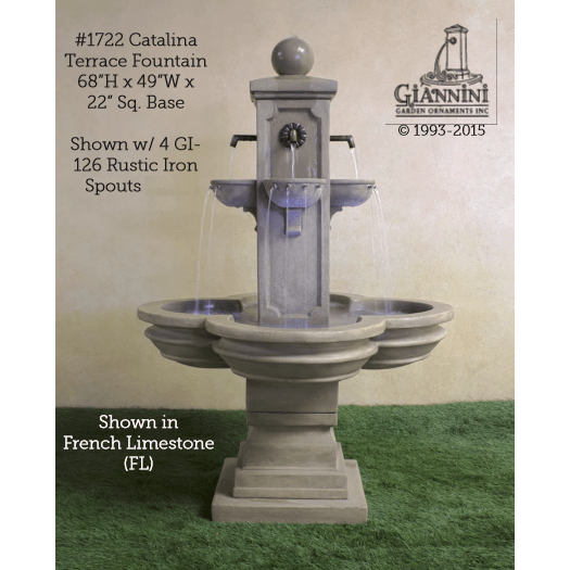 Giannini Garden Catalina Concrete Terrace Outdoor Garden Fountain - with Rustic Iron Spouts - 1722 - Majestic Fountains