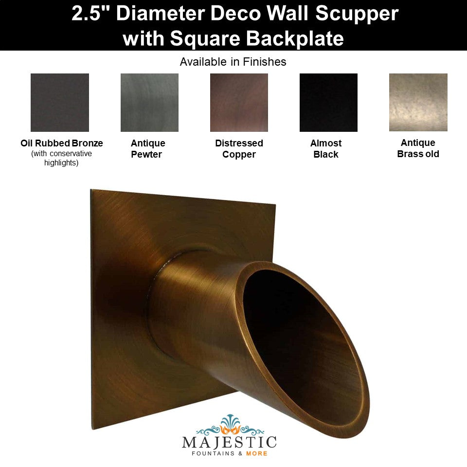 Deco Wall Scupper with Square Backplate – 2.5" - Majestic Fountains