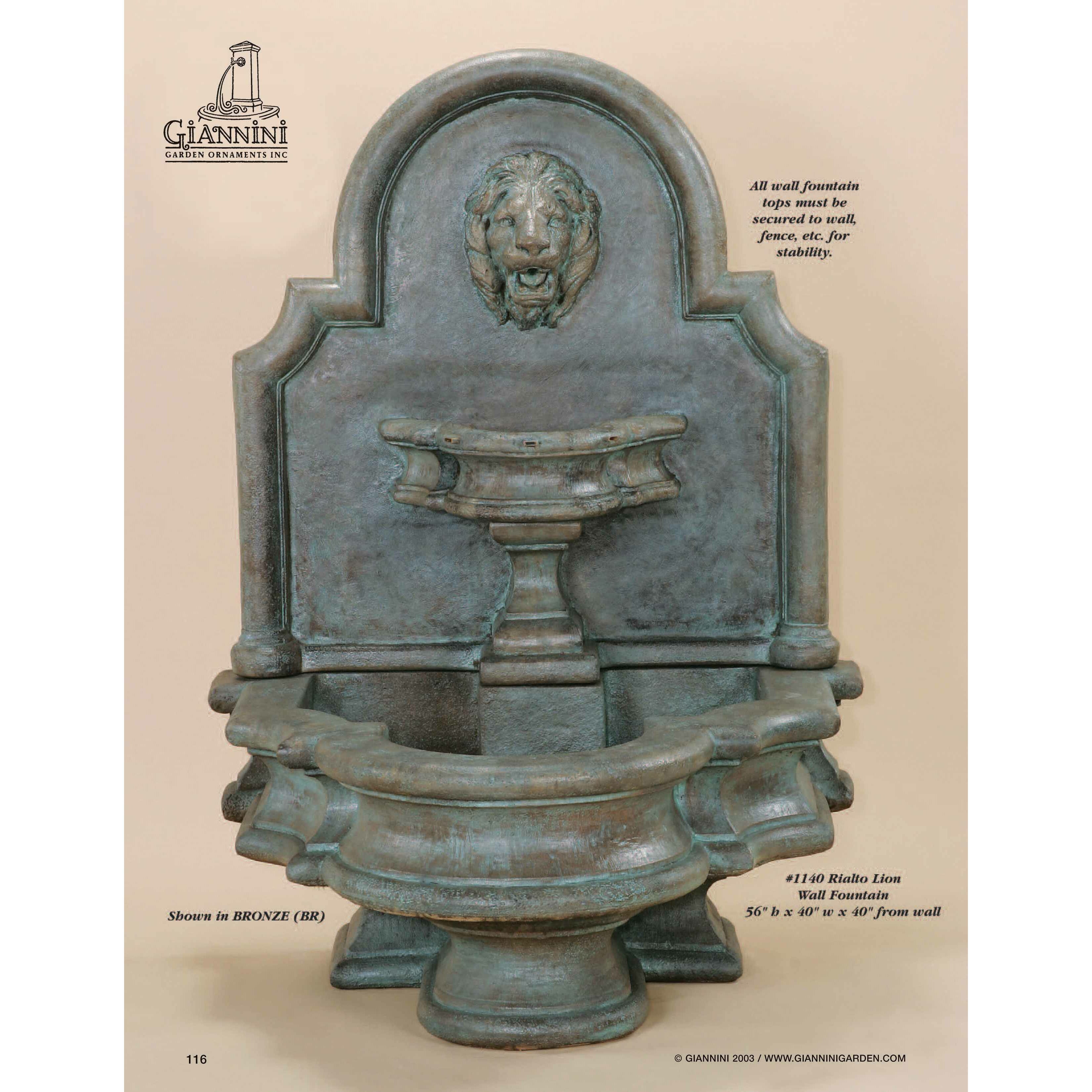 Rialto Lion Outdoor Wall Fountain - 1140