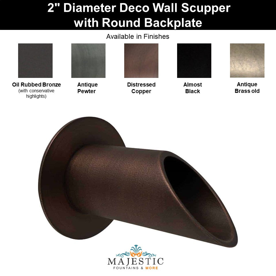 Deco Wall Scupper with Round Backplate – 2.0" - Majestic Fountains