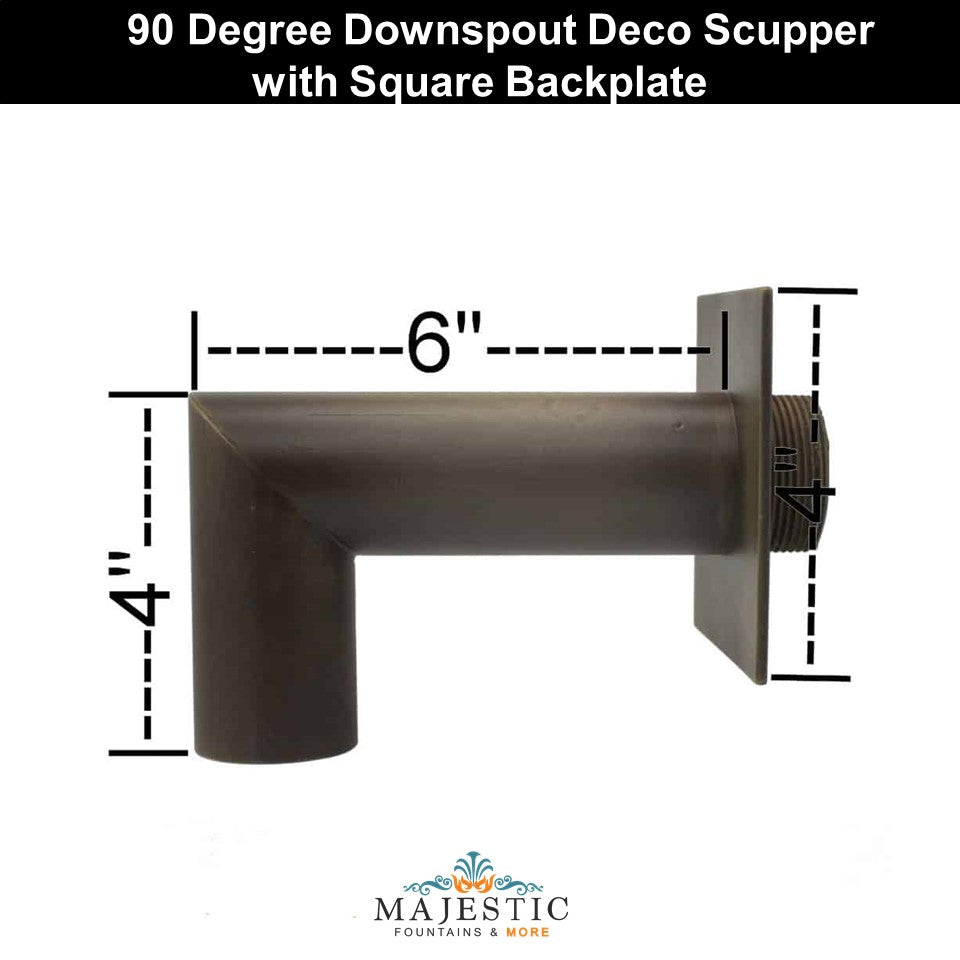 Deco 90 Degree Downspout with Square Backplate – 1.5" - Majestic Fountains