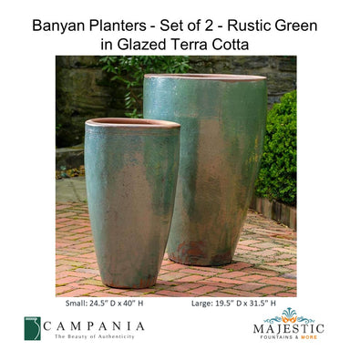 Banyan Planters - Set of 2 in Glazed Terra Cotta By Campania - Rustic Green - Majestic Fountains and More