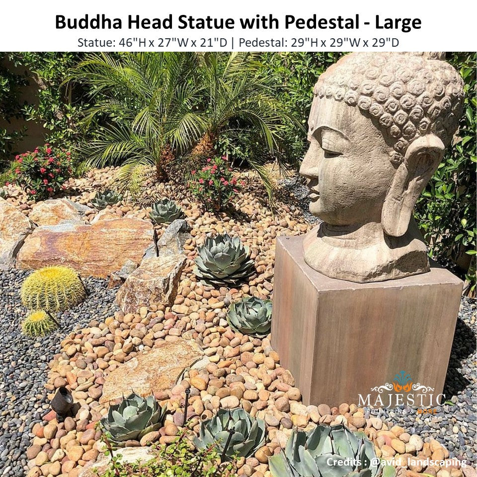 Buddha Head Statue with Pedestal - Majestic Fountains and More