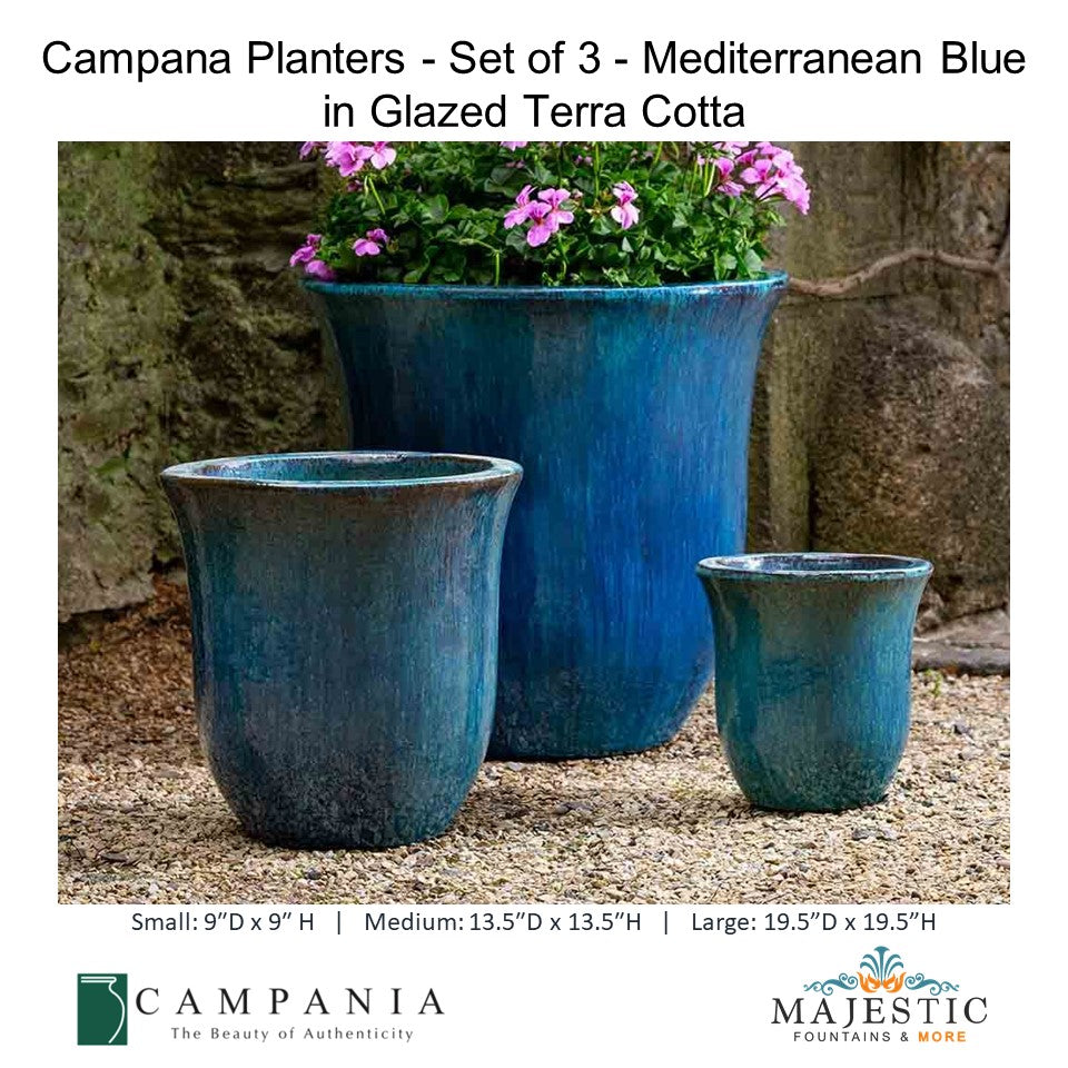 Campana Planters - Set of 3 Mediterranean Blue in Glazed Terra Cotta By Campania - Majestic fountains and More