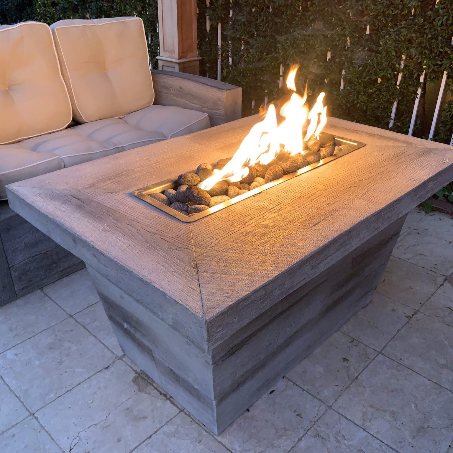 TOP Fires Carson Rectangle 24" Tall Fire Pit in Woodgrain Concrete by The Outdoor Plus - Majestic Fountains