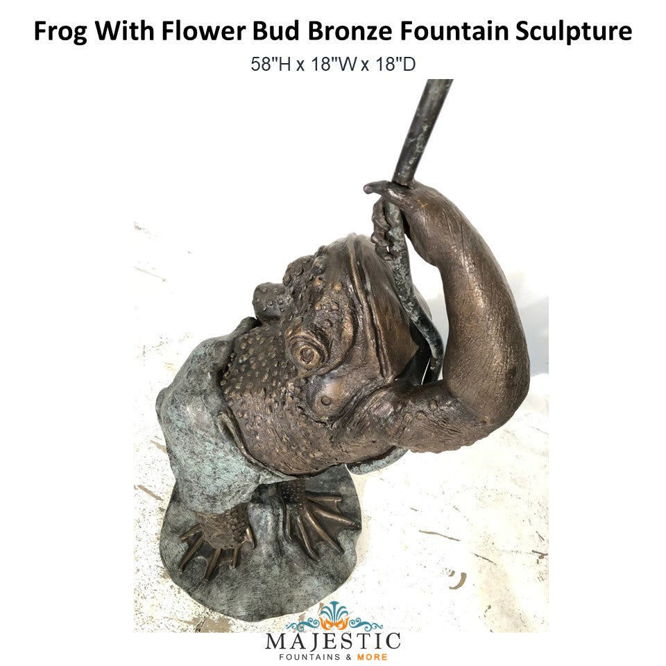 Frog With Flower Bud Bronze Fountain Sculpture - Majestic Fountains and More