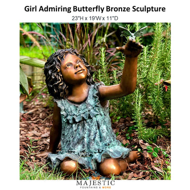 Girl Admiring Butterfly Bronze Sculpture - Majestic Fountains and More