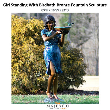 Girl Standing With Birdbath Bronze Fountain Sculpture - Majestic Fountains and More