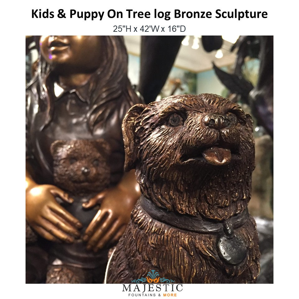 Kids & Puppy On Tree log Bronze Sculpture - Majestic Fountains and More