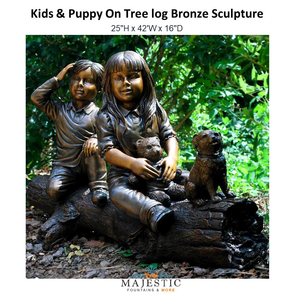 Kids & Puppy On Tree log Bronze Sculpture - Majestic Fountains and More