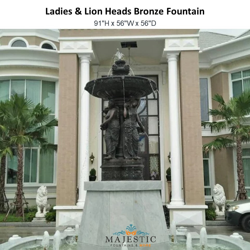 Ladies & Lion Heads Bronze Fountain - Majestic Fountains and More.