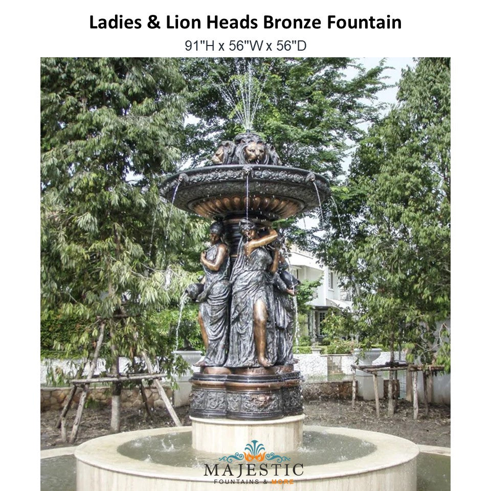 Ladies & Lion Heads Bronze Fountain - Majestic Fountains and More.