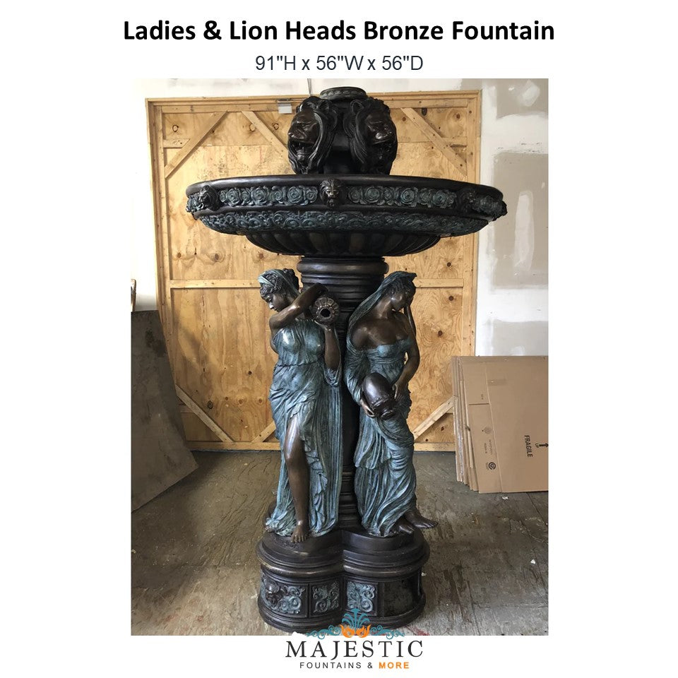 Ladies & Lion Heads Bronze Fountain - Majestic Fountains and More.