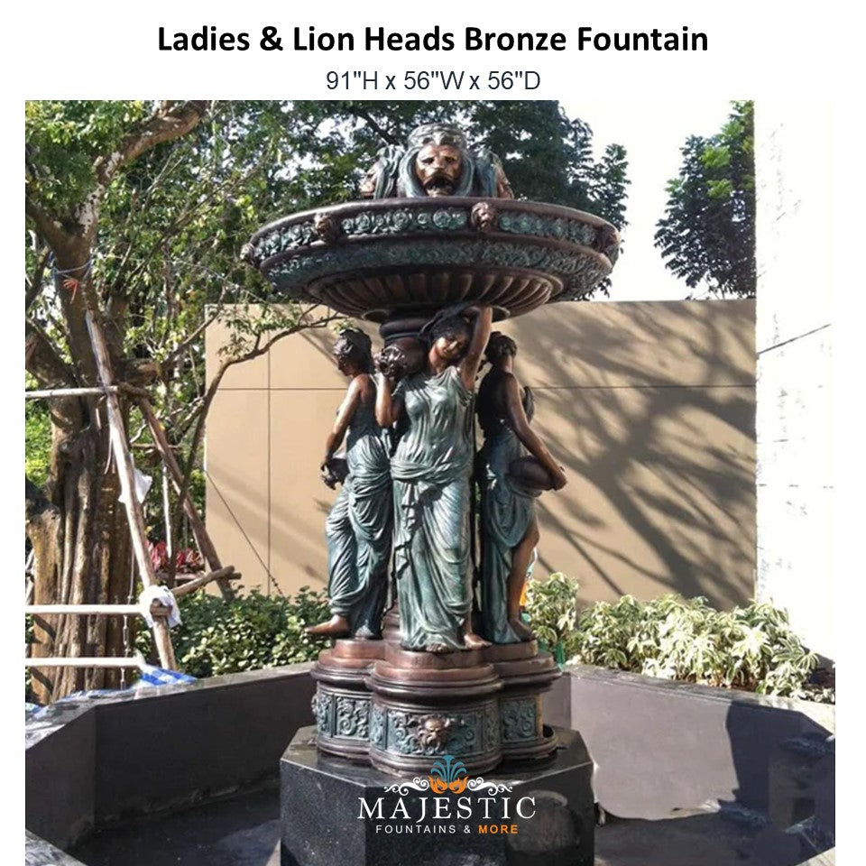 Ladies & Lion Heads Bronze Fountain - Majestic Fountains and More.