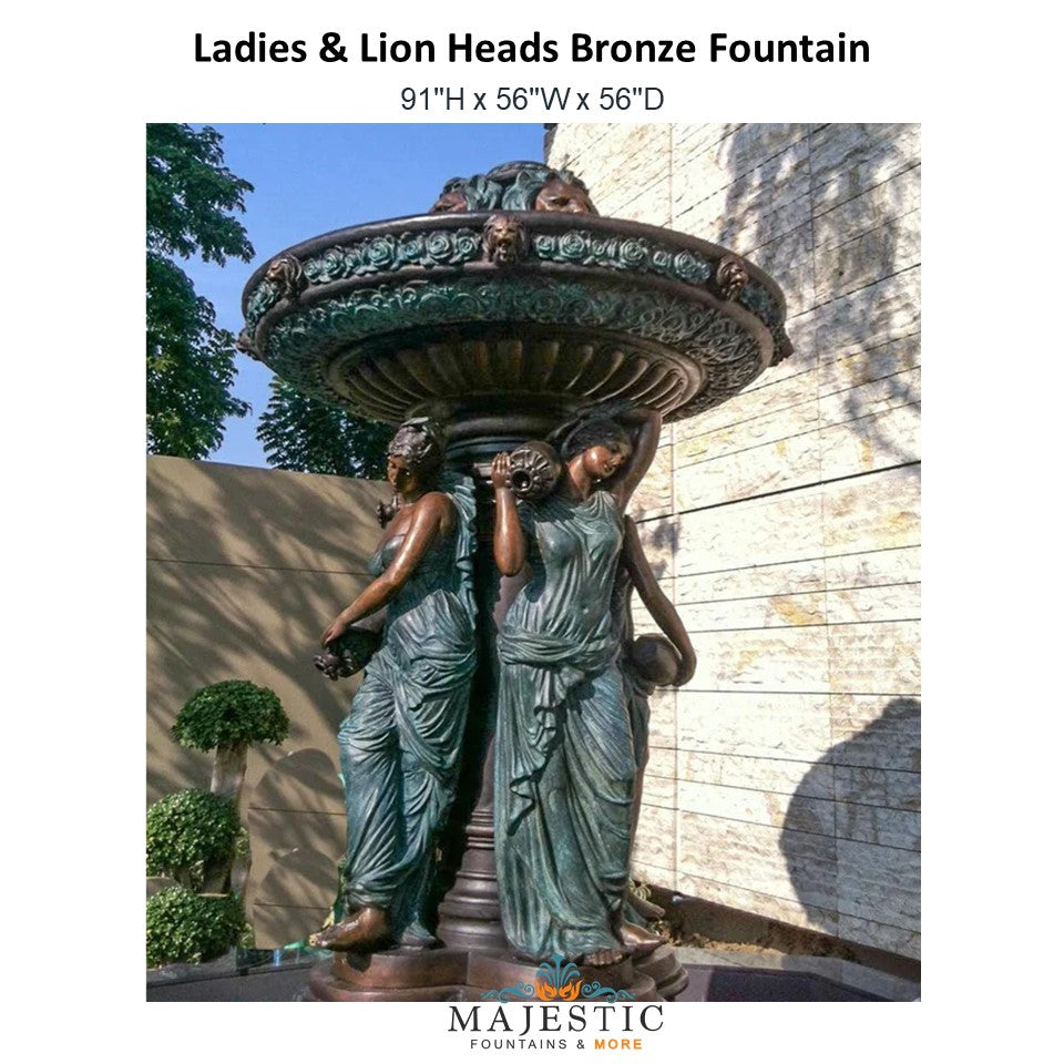 Ladies & Lion Heads Bronze Fountain - Majestic Fountains and More.