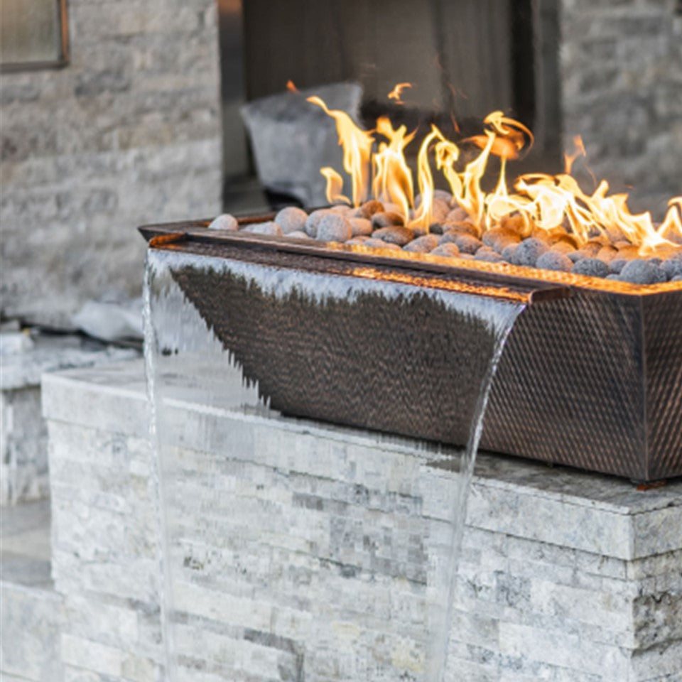 The Outdoor Plus Maya Linear Fire & Water Bowl in Hammered Copper