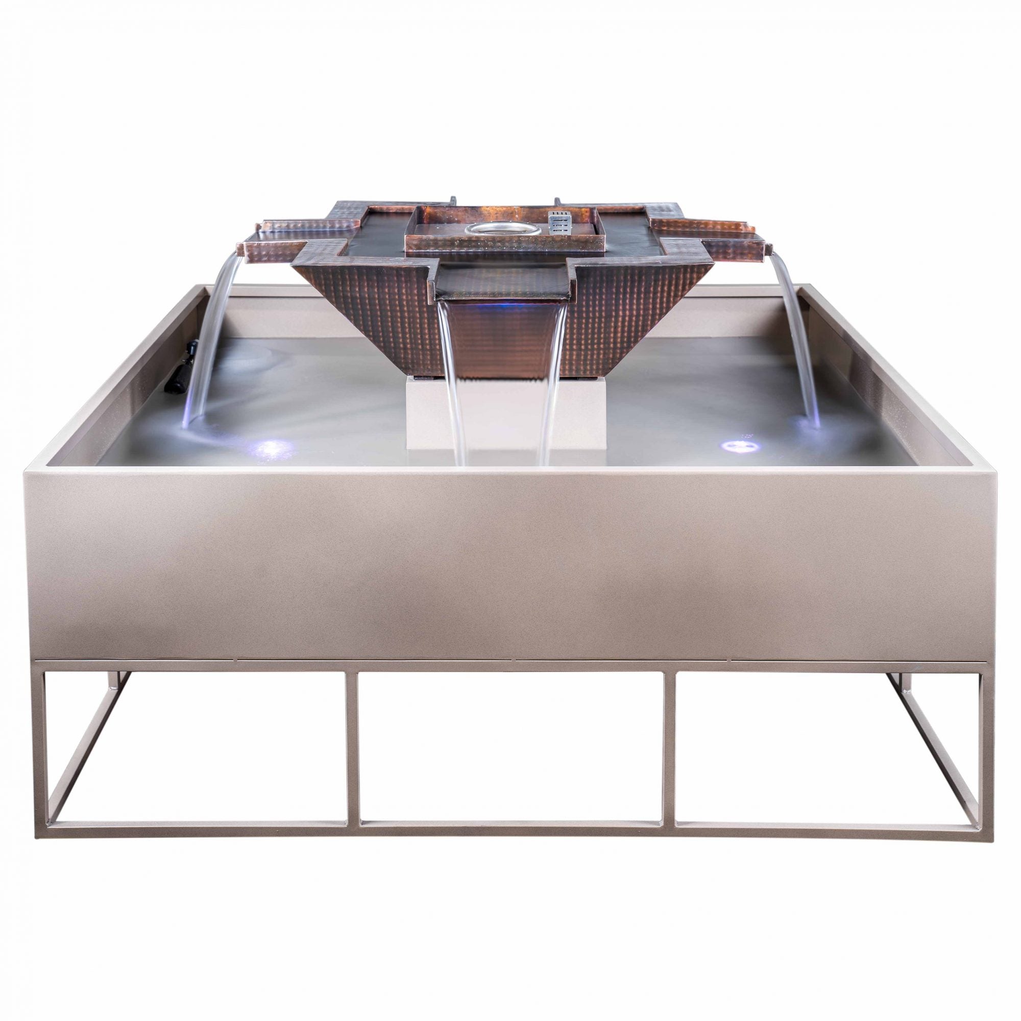 TOP Fires Olympian Square 4-Way Spillway Fire & Water Bowl in Copper by The Outdoor Plus - Majestic Fountains