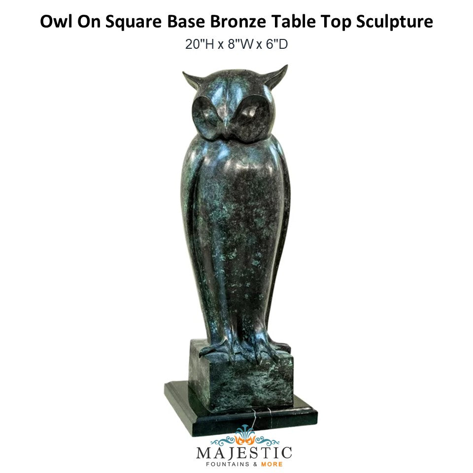 Owl On Square Base Bronze Table Top Sculpture - Majestic Fountains and More