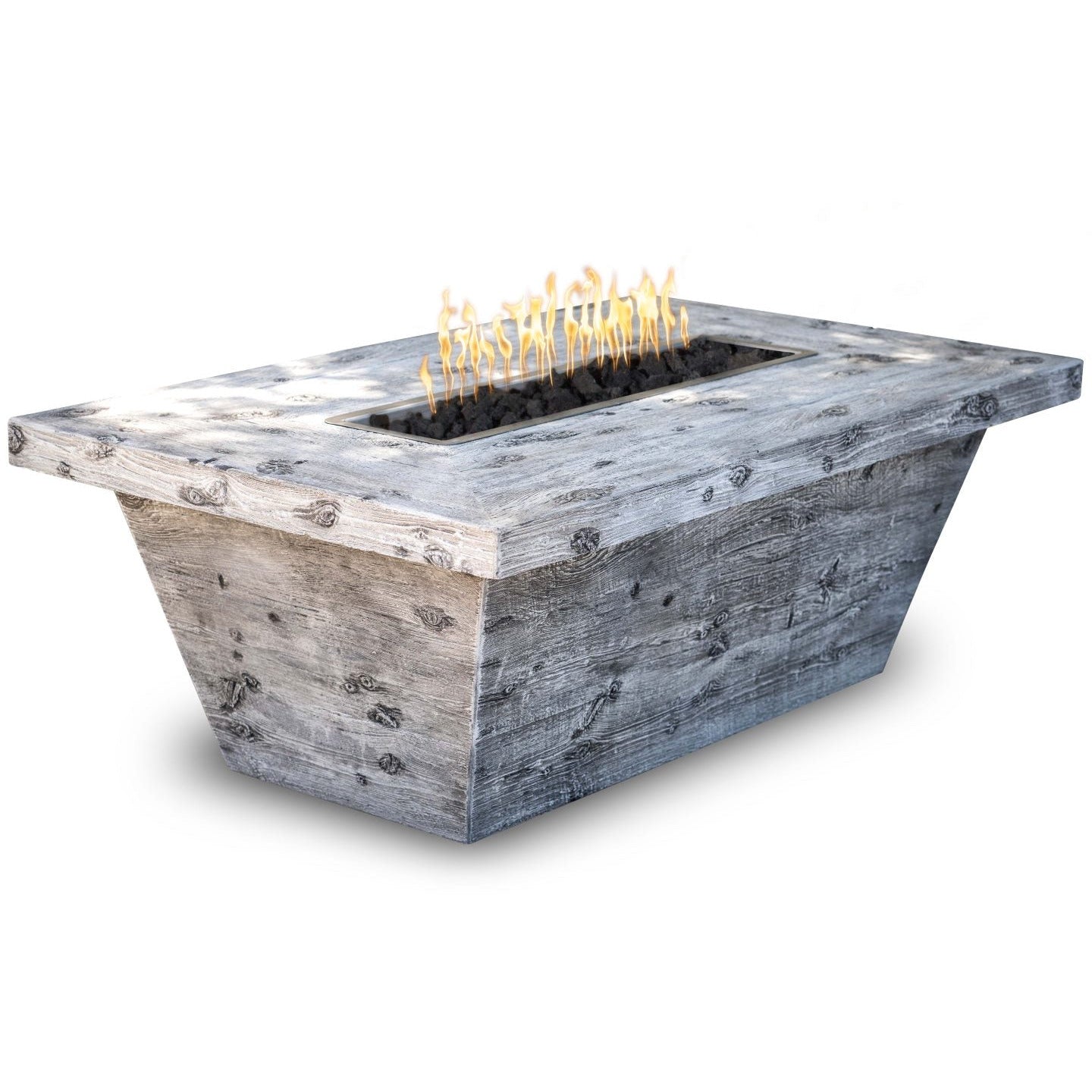 TOP Fires Carson Rectangle 16" Tall Fire Pit in Woodgrain Concrete by The Outdoor Plus - Majestic Fountains