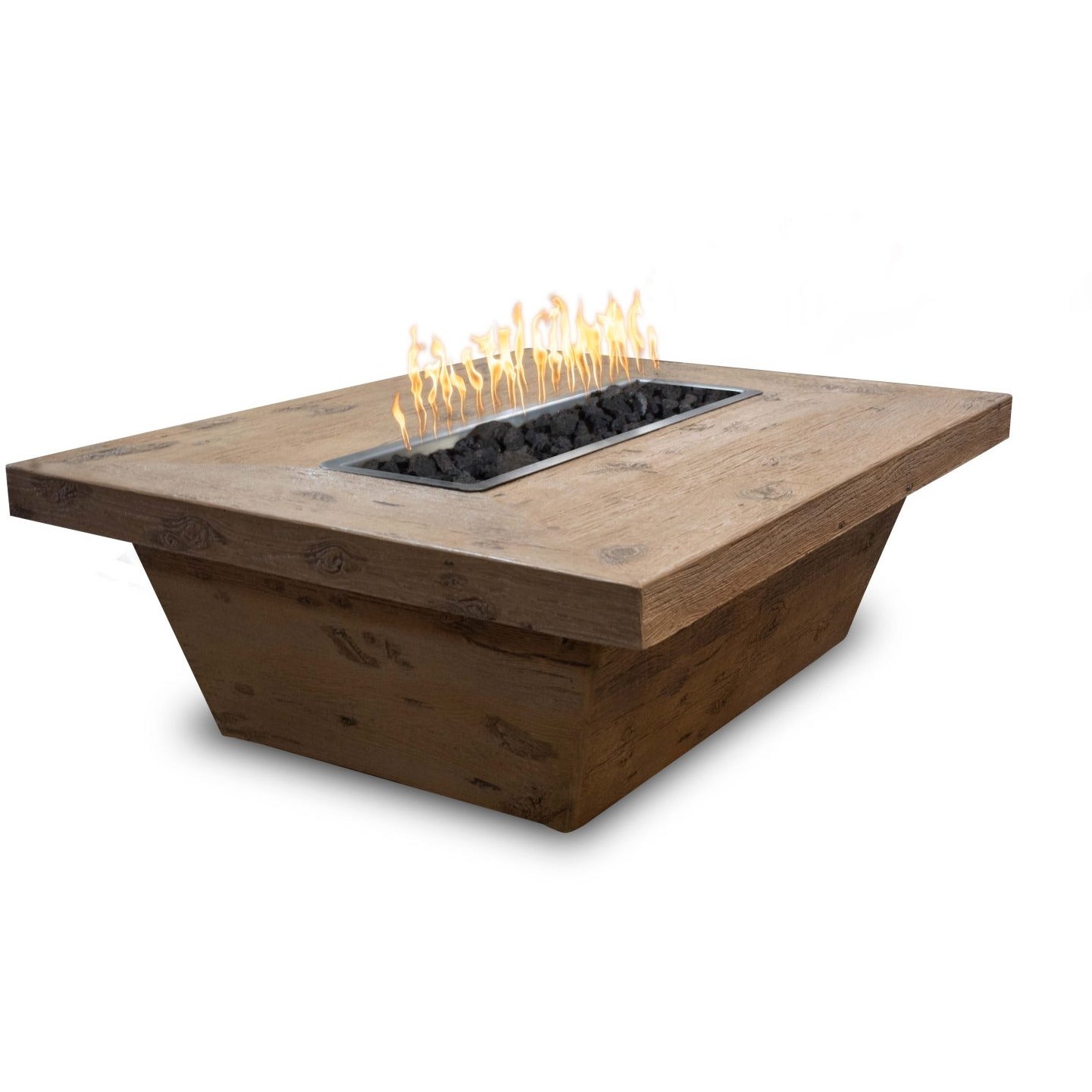 TOP Fires Carson Rectangle 16" Tall Fire Pit in Woodgrain Concrete by The Outdoor Plus - Majestic Fountains