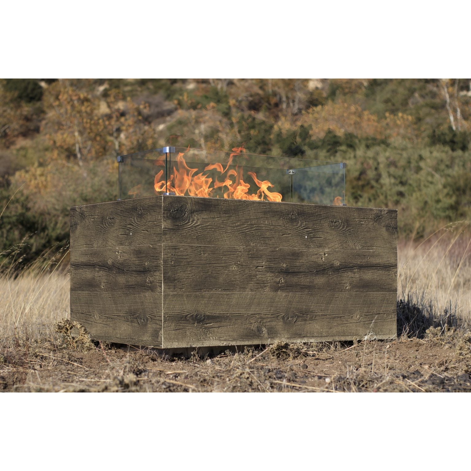 TOP Fires Catalina Rectangle Fire Pit in Wood Grain Concrete by The Outdoor Plus - Majestic Fountains